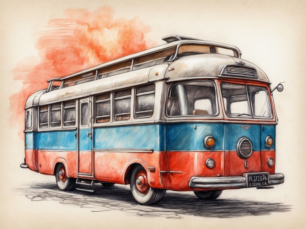 Auf dem Bild ist ein Oldtimer-Bus zu sehen, der in kräftigen Farben wie Blau und Rot lackiert ist. Wenn wir uns die Geschichte von Gulliver's Travels vorstellen, könnte dieser Bus symbolisch für eine Reise zu den geheimnisvollen und fantastischen Ländern stehen, die Gulliver besucht. So wie Gulliver von den Riesen und den winzigen Lilliputanern fasziniert war, könnte dieser Bus einen Ort repräsentieren, an dem die Begrenzungen der Realität verschwimmen und Abenteuer warten. Der Bus könnte die Verbindung zwischen verschiedenen Welten darstellen, ähnlich wie Gullivers eigene Reisen.