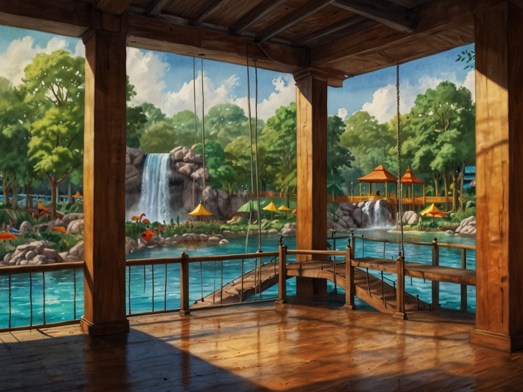 Auf dem Bild ist eine idyllische Szenerie mit einer Holzplattform zu sehen, die über einen ruhigen Wasserlauf blickt. Im Hintergrund gibt es eine malerische Wasserfallkulisse und gepflegte Grünanlagen mit schattenspendenden Bäumen. 

In einem modernen Freizeitpark könnte so eine Umgebung verschiedene Attraktionen und Erlebnisse bieten, zum Beispiel:

1. **Bootsfahrten**: Eine entspannte Bootsfahrt auf dem Wasser, wo Besucher die Natur und die Umgebung genießen können.
2. **Wasserfälle**: Eine Wasserfall-Attraktion, die Besucher anzieht und für Erfrischung sorgt.
3. **Picknickbereiche**: Gemütliche Plätze, wo Familien und Freunde entspannen und essen können.
4. **Naturwanderwege**: Pfade, die durch die grüne Umgebung führen und einzigartige Ausblicke bieten.
5. **Veranstaltungsräume**: Überdachte Pavillons für Feiern oder besondere Events inmitten der Natur.

Eine solche Szenerie wäre ideal für Familienausflüge und bietet eine Mischung aus Entspannung und Aktivität.