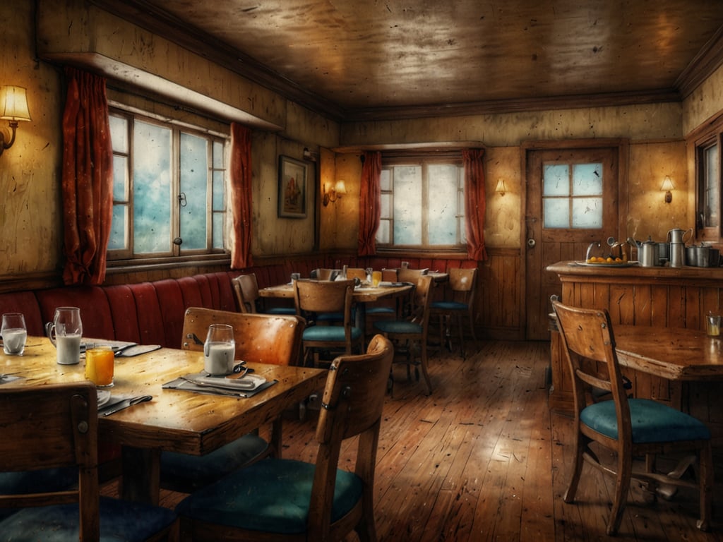 Auf dem Bild ist ein einladendes Restaurant zu sehen, das eine gemütliche Atmosphäre hat. Es gibt Holztische und Stühle, einige mit Besteck und Getränken gedeckt. Große Fenster lassen Licht in den Raum, und die Wände sind in warmen Tönen gehalten. Für Gäste, die Halbpension buchen, könnte dies der ideale Ort sein, um eine angenehme Mahlzeit zu genießen, möglicherweise Frühstück und Abendessen in einer behaglichen Umgebung.