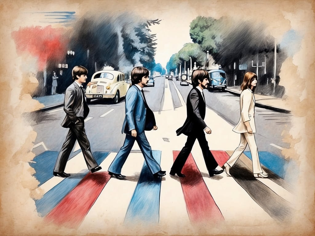 Auf dem Bild sieht man eine kreative Darstellung, die an das berühmte Cover des Beatles-Albums 