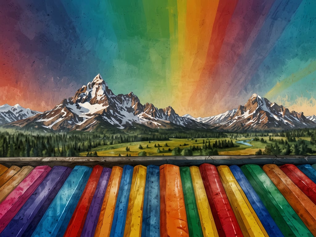 Auf dem Bild sind bunte Holzplanken im Vordergrund zu sehen, die in verschiedenen Farben angeordnet sind. Im Hintergrund erstreckt sich eine malerische Berglandschaft mit schneebedeckten Gipfeln und einem grünen Tal, durch das ein Fluss fließt. Der Himmel ist in lebhaften Farben, mit einem Regenbogen-Effekt, der eine klare Stimmung von Freude und Lebendigkeit vermittelt. Es wirkt sehr harmonisch und ansprechend.