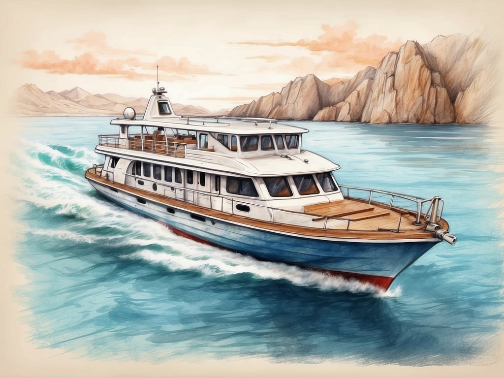 Auf dem Bild ist ein elegantes Boot zu sehen, das durch ruhiges Wasser fährt. Die Szenen rund um das Boot zeigen eine entspannte Atmosphäre mit sanften Wellen und Berglandschaften im Hintergrund. Hier kann man definitiv entspannte Bootstouren genießen.