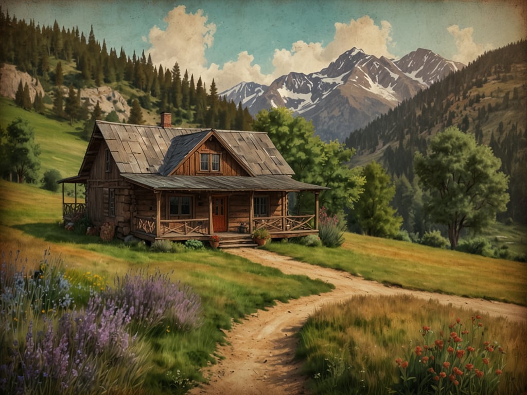 Auf dem Bild ist eine malerische Herberge zu sehen, die aus Holz gebaut ist. Sie befindet sich in einer idyllischen Landschaft mit grünen Wiesen, bunten Blumen und majestätischen Bergen im Hintergrund. Ein Weg führt zur Herberge, der von Natur umgeben ist, was eine friedliche und einladende Atmosphäre schafft.