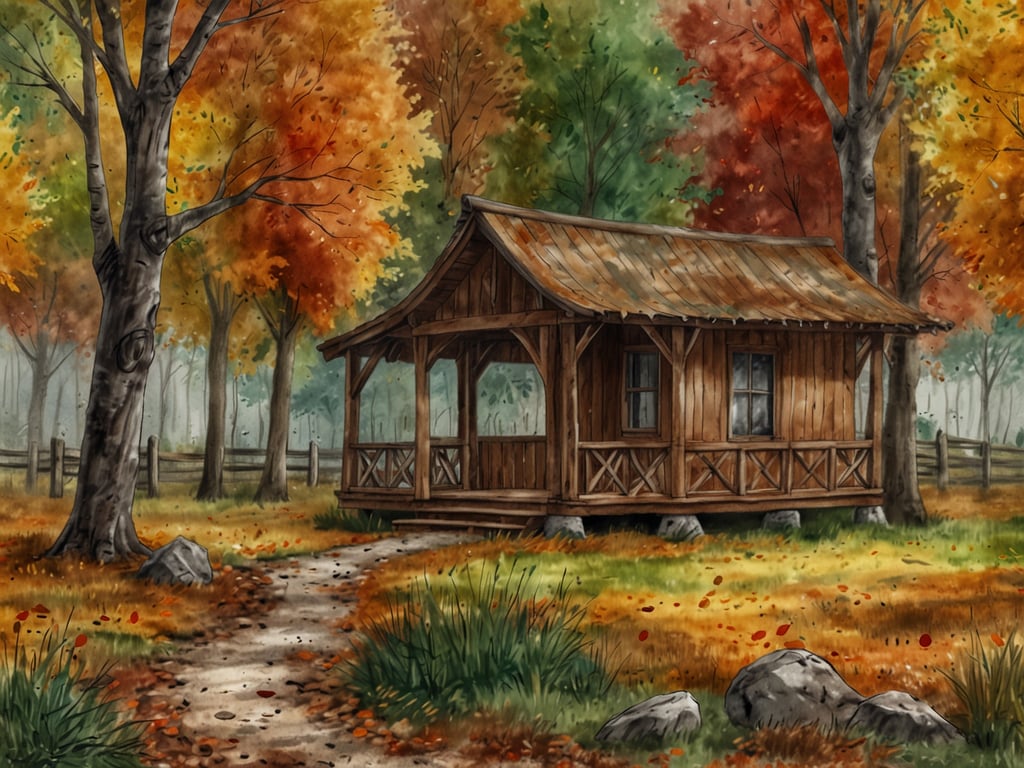 In dieser herbstlichen Wellnesswelt sehen wir eine malerische Holzhütte, eingebettet in eine farbenfrohe Landschaft. Die Bäume rund um die Hütte erstrahlen in leuchtenden Rot-, Orange- und Gelbtönen, während das Laub sanft zu Boden fällt. Ein klarer, gewundener Pfad führt zur Tür der Hütte und lädt dazu ein, die Ruhe und den Frieden der Natur zu genießen. Diese Szenerie vermittelt ein Gefühl von Geborgenheit und lädt dazu ein, in der kühlen, frischen Luft zu entspannen—ideal für eine entspannte Auszeit im Herbst.