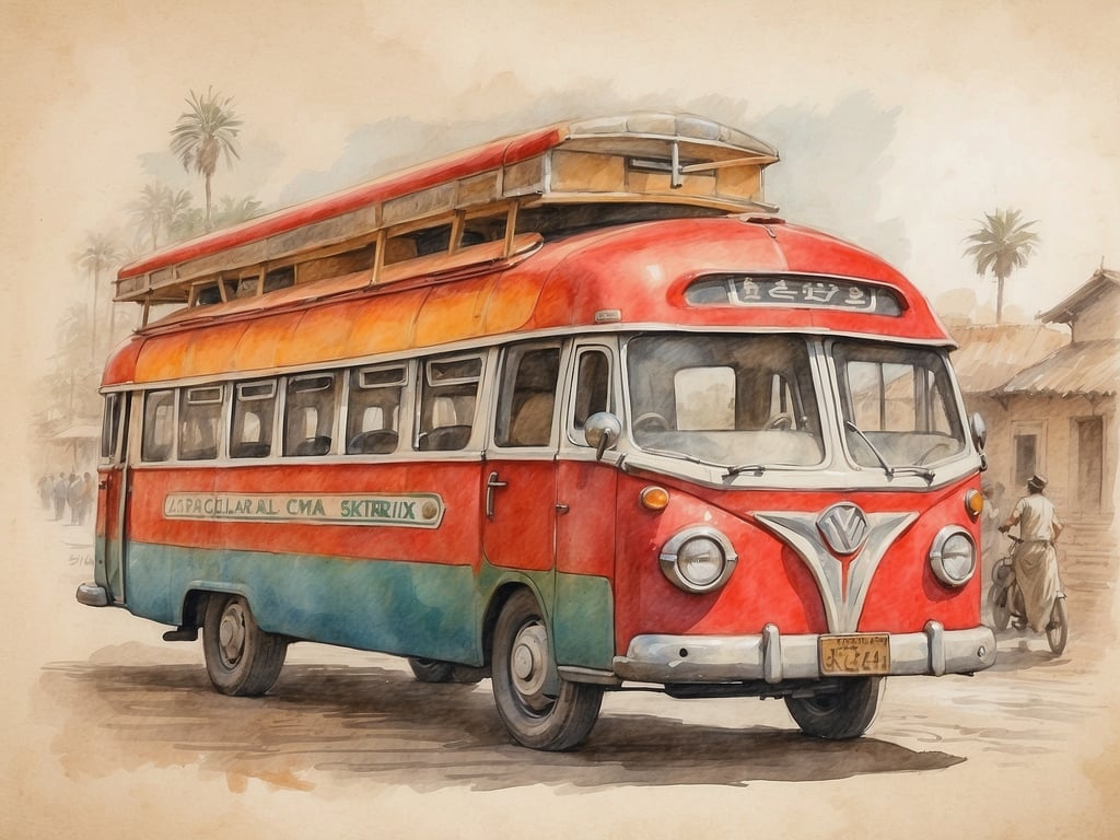 Auf dem Bild ist ein farbenfroher Bus zu sehen, der an traditionelle Verkehrsmittel in einigen afrikanischen Ländern erinnert. Diese Art von Bussen, oft als 