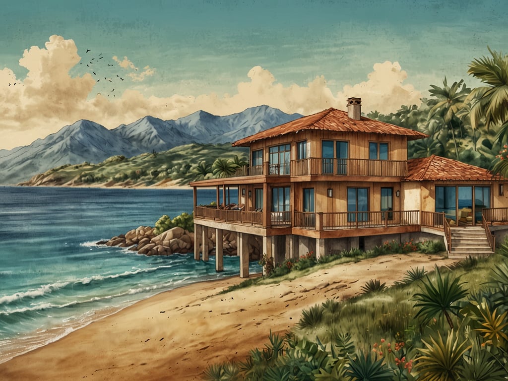 Auf dem Bild ist ein luxuriöses Strandhaus zu sehen, das direkt am Meer liegt. Es hat eine Holzarchitektur mit einem charmanten Dach und große Fenster, die einen spektakulären Blick auf die Küste und die umgebenden Berge bieten. Die Umgebung ist mit tropischen Pflanzen und einem kleinen Strand ausgestattet, was das Gesamtbild eines perfekten Urlaubsresorts für jeden Geschmack abrundet. Dieses Setting könnte ideal für einen entspannten Urlaub oder romantische Auszeiten sein.