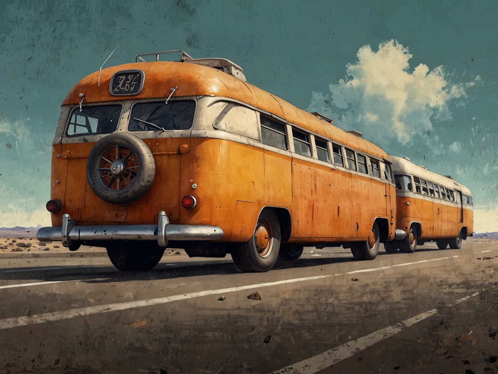Auf dem Bild sind zwei orangefarbene Oldtimer-Busse zu sehen, die auf einer Straße stehen. Die Busse scheinen aus einer vergangenen Zeit zu stammen und könnten nostalgische Reisen symbolisieren. Man könnte sich vorstellen, wie diese Busse für einen Hin- und Rückflug zu einem beliebten Reiseziel genutzt wurden, beispielsweise für einen Roadtrip durch die Wüste oder andere Landschaften.
