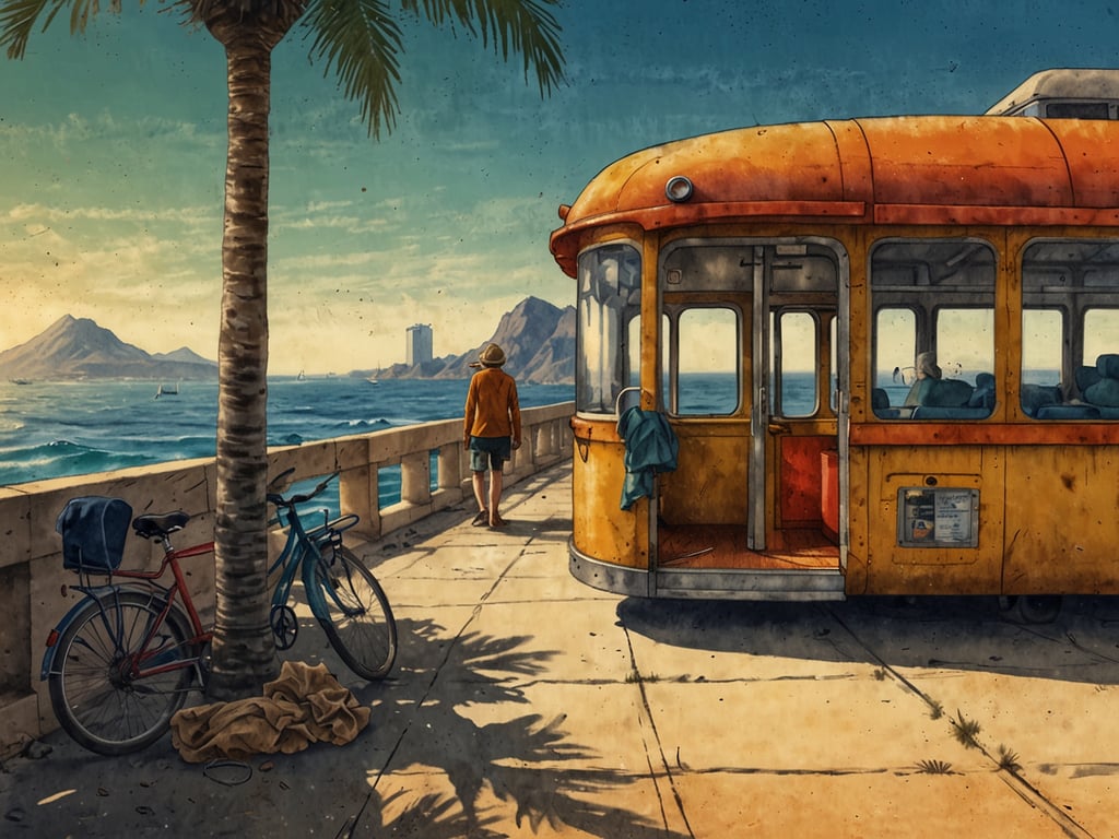 Auf dem Bild ist eine malerische Strandpromenade zu sehen. Im Vordergrund steht eine gelbe Straßenbahn, die am Rand der Promenade parkt. Daneben sind ein rotes und ein blaues Fahrrad abgestellt, während eine Person mit einem Hut in die Richtung des Meeres spaziert. Im Hintergrund sind Berge und Wolken am Himmel zu sehen, und es gibt kleine Boote auf dem Wasser. Die Szene vermittelt eine entspannte Urlaubsatmosphäre.