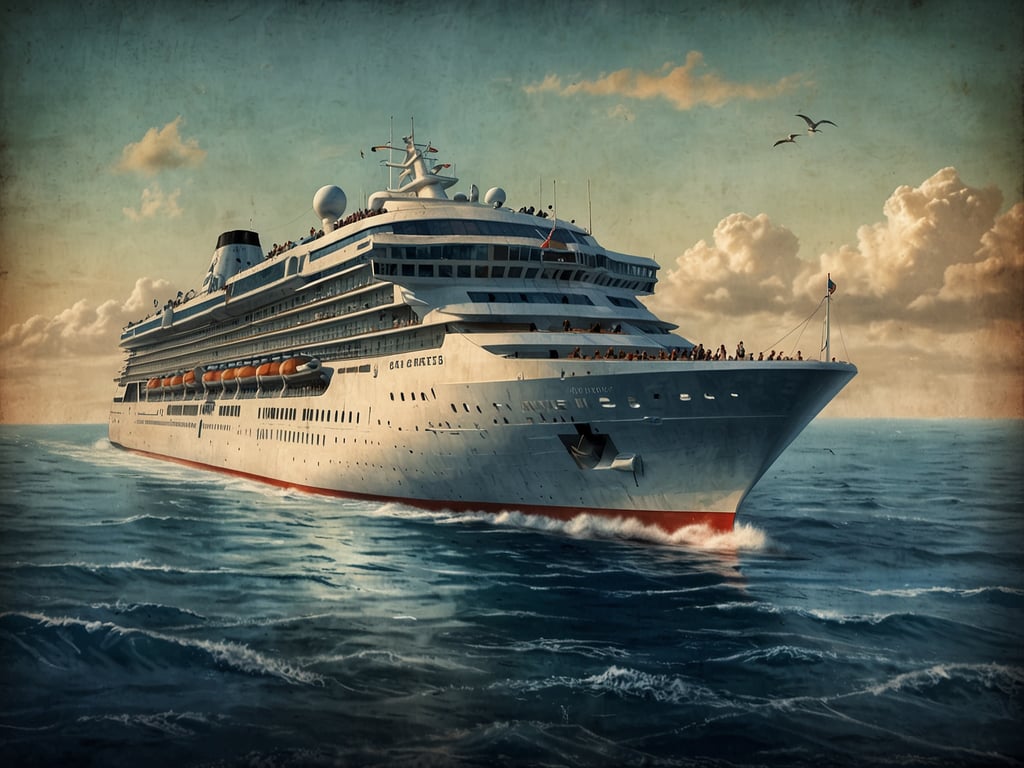 Auf dem Bild ist ein großes Kreuzfahrtschiff zu sehen, das auf offener See fährt. Es hat mehrere Decks und ist mit Rettungsbooten ausgestattet. Die Szene vermittelt das Gefühl von Hochseekreuzfahrt, während das Schiff durch ruhige Gewässer gleitet und die Sonne am Himmel scheint. Die Passagiere genießen offenbar die Aussicht und die Weite des Ozeans.