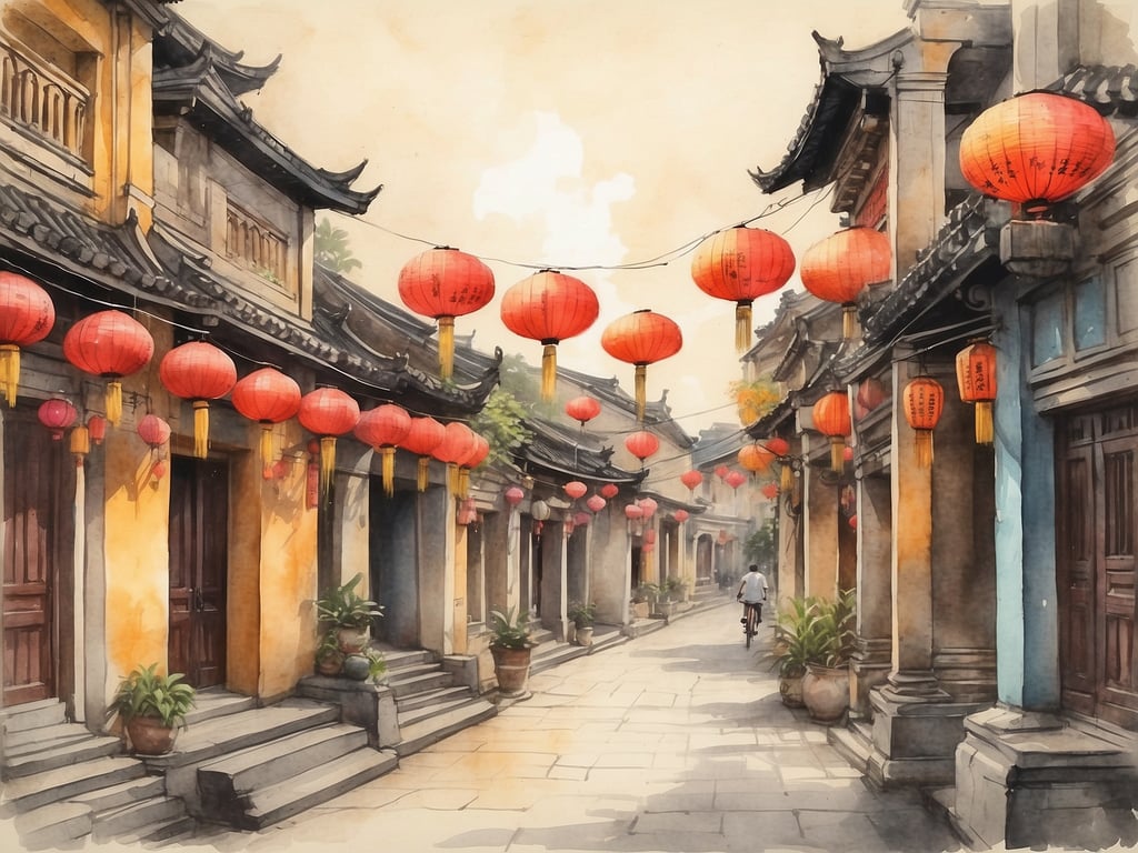 Auf dem Bild ist eine malerische Straße in Hoi An zu sehen. Die Schönheit von Hoi An zeigt sich durch die charmanten, traditionellen Häuser mit bunten Fassaden, die sich entlang der Straße reihen. Rote Laternen hängen über der Straße und verleihen der Szene eine warme, einladende Atmosphäre. Ein Radfahrer fährt gemütlich durch die Gasse, während kleine Pflanzen in Töpfen die Umgebung lebendig wirken lassen. Das Licht und die Farben schaffen eine bezaubernde Stimmung, die typisch für diese historische Stadt in Vietnam ist.