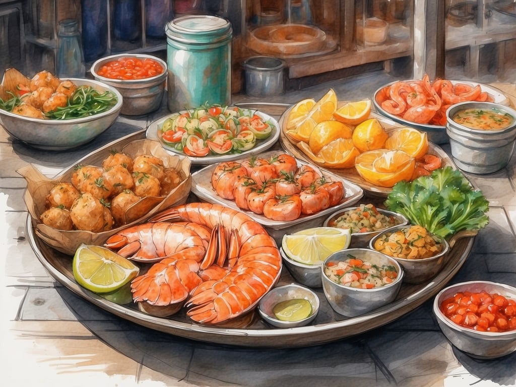 Auf dem Bild sind verschiedene kulinarische Köstlichkeiten zu sehen, die typischerweise in Hoi An, Vietnam, angeboten werden. Hoi An ist bekannt für seine frischen Meeresfrüchte, die hier üppig präsentiert werden. Besonders auffällig sind die großen, frischen Garnelen und die appetitlich angerichteten Platten mit verschiedenen Saucen und Beilagen.

Zu den kulinarischen Highlights in Hoi An gehören Gerichte wie 