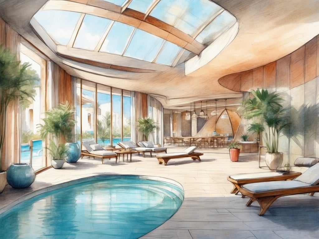 Auf dem Bild ist ein eleganter Raum mit einem kleinen Pool zu sehen, der große Fenster und viel natürliches Licht hat. Die Umgebung ist mit Pflanzen dekoriert und es gibt Liegen zum Entspannen. Diese Atmosphäre eignet sich hervorragend für Freizeit- und Erholungsmöglichkeiten wie Schwimmen, Sonnenbaden oder einfaches Entspannen mit einem Buch. Zudem könnte der Bereich ideal für gesellige Zusammenkünfte oder Wellness-Aktivitäten sein.