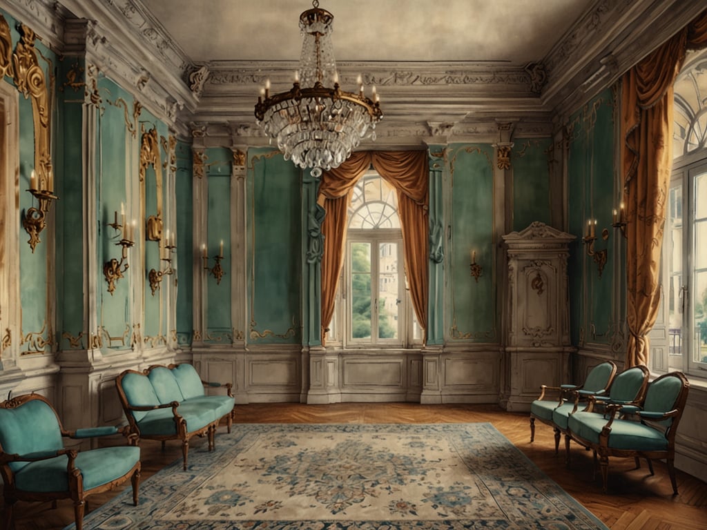 Auf dem Bild ist ein eleganter Raum zu sehen, der mit stilvollen Möbeln und dekorativen Elementen ausgestattet ist. Die Farben und die Architektur vermitteln einen Eindruck von historischer Pracht und Glamour.

Der Hotel Nassauer Hof in Wiesbaden hat eine bedeutende historische Rolle gespielt. Er wurde 1813 eröffnet und ist eines der ältesten und renommiertesten Hotels Deutschlands. Der Nassauer Hof war nicht nur ein Luxushotel, sondern auch ein wichtiger Treffpunkt für politische und gesellschaftliche Veranstaltungen. Im Laufe der Jahre haben zahlreiche prominente Gäste, darunter Könige und Staatsoberhäupter, dort übernachtet. Die prunkvolle Architektur und die zentrale Lage machen das Hotel zu einem Symbol der Eleganz und des historischen Erbes der Stadt Wiesbaden. 

Das dargestellte Interieur könnte gut in einem solchen historischen Kontext stehen, da es die Schönheit und den Stil der damaligen Zeit widerspiegelt.