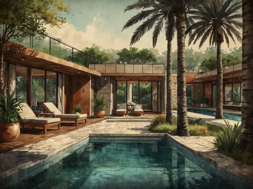 Auf dem Bild ist eine elegante Außenanlage mit einem Pool und Liegen zu sehen. Umgeben von Palmen und Pflanzen vermittelt die Szene ein Gefühl von Ruhe und Luxus. Die Architektur der Gebäude ist modern, mit großen Fenstern, die eine Verbindung zur Natur schaffen.

In diesem Zusammenhang könnten exklusive Unterkünfte im Nassauer Hof ein ähnliches Gefühl von Luxus und Entspannung bieten, ideal für einen erholsamen Aufenthalt in einer erstklassigen Umgebung.
