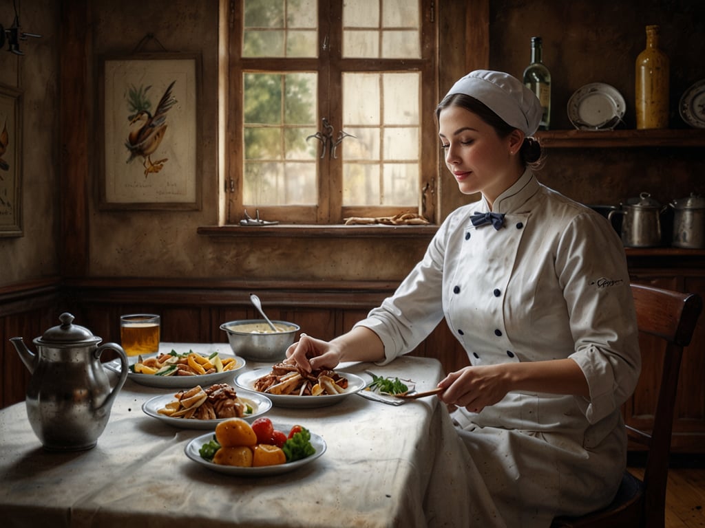 Auf dem Bild sehen wir eine Köchin in einem rustikalen Restaurant, die an einem Tisch sitzt, auf dem mehrere Teller mit köstlichen Gerichten angerichtet sind. Die Atmosphäre ist gemütlich und einladend, mit Fenstern, die Licht hereinscheinen lassen. Auf den Tellern sind zahlreiche kulinarische Erlebnisse zu entdecken, darunter wahrscheinlich Entenbrust, die in der traditionellen Küche beliebt ist, begleitet von Beilagen wie Gemüse und Kartoffeln. Die Köchin scheint mit Sorgfalt und Genuss bei der Zubereitung oder Anrichtung des Essens beschäftigt zu sein, was die Liebe zum Detail und die Leidenschaft für die Gastronomie unterstreicht.