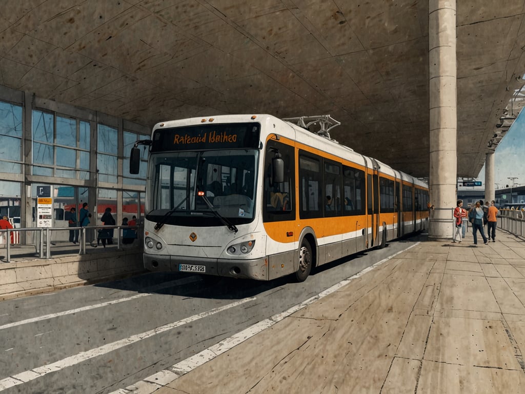 Auf dem Bild ist ein Bus zu sehen, der an einem Haltepunkt steht. Dieser Haltepunkt scheint sich in einem modernen und gut ausgestatteten Bereich zu befinden, möglicherweise an einem größeren Verkehrsknotenpunkt wie einem Bahnhof oder Flughafen. 

In Bezug auf die Anreise und Erreichbarkeit ist dieser Ort offensichtlich gut zugänglich für Passagiere, die mit dem Bus anreisen. Es gibt Anzeichen für weitere Verkehrsanbindungen sowie Plätze, an denen Wartende stehen können. Die Erreichbarkeit könnte auch durch die zentrale Lage und die Verkehrsangebote in der Umgebung unterstützt werden.