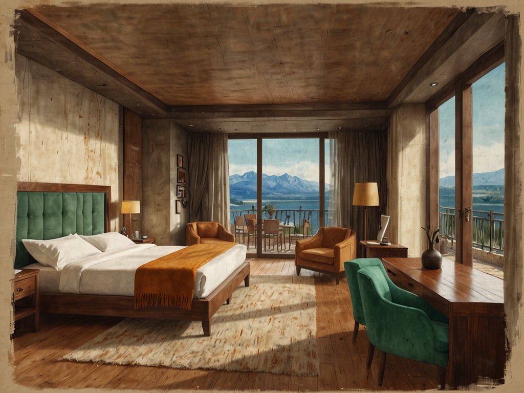 Auf dem Bild ist ein stilvolles Hotelzimmer zu sehen. Es verfügt über ein großes Bett mit einer grünen Kopfteil, einen Holzschreibtisch und komfortable Sessel. Die Fenster bieten einen Blick auf eine wunderschöne Landschaft mit Bergen und einem See. Die Einrichtung ist modern und gemütlich, was auf ein hochwertiges Hotel hindeutet. Die warme Farbpalette sorgt für eine einladende Atmosphäre.