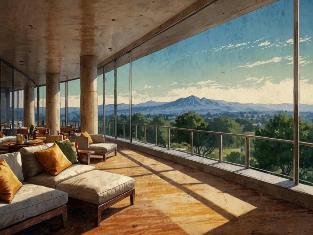 Auf dem Bild ist eine stilvolle Hotel-Lounge zu sehen, die über große Fenster eine atemberaubende Aussicht auf eine bergige Landschaft bietet. Die Einrichtung wirkt modern und einladend, mit gemütlichen (aber möglicherweise etwas abgenutzten) Sitzgelegenheiten und Holztischen. Die Mischung aus Tageslicht und gutem Design schafft eine entspannte Atmosphäre.

**Hotelbewertung:**
„Die Lounge des Hotels bietet einen beeindruckenden Panoramablick auf die umliegenden Berge. Die Einrichtung ist modern und komfortabel, perfekt zum Entspannen nach einem langen Tag. Allerdings könnte die Sauberkeit der Möbel verbessert werden, um den hervorragenden Gesamteindruck noch zu steigern. Ideal für ruhige Stunden mit einer Tasse Kaffee!“