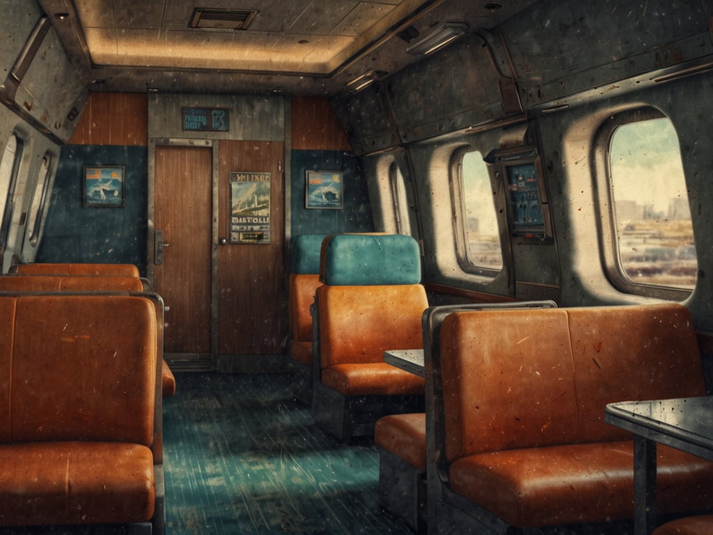 Auf dem Bild ist ein verlassener Raum zu sehen, der an einen Wartebereich oder eine Lounge erinnert. Die Wände sind in einem blauen und braunen Farbton gehalten, mit Sitzgelegenheiten in Orange und Blau. Es gibt Fenster, durch die man einen Ausblick auf die Außenwelt hat, sowie einige Poster an den Wänden. Die Atmosphäre wirkt nostalgisch und etwas abgenutzt, was den Eindruck eines alten Hotels oder eines Transfers im Hotelbereich erwecken könnte.