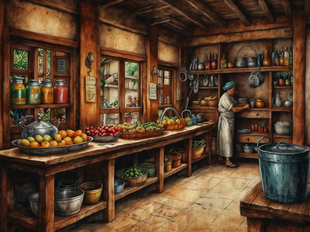 Auf dem Bild ist eine traditionelle Küche oder ein Markt in Huehuetenango zu sehen. Die Regale sind mit verschiedenen Töpfen, Zutaten und Gewürzen gefüllt, was typisch für die gastronomischen Erlebnisse in dieser Region ist. Die bunten Früchte auf den Tellern, wie Orangen und Äpfel, spiegeln die lokale Landwirtschaft wider. 

In Huehuetenango sind frische, lokale Zutaten von großer Bedeutung, und die Küche hat einen starken Einfluss von traditioneller Maya-Kultur. Gerichte wie 