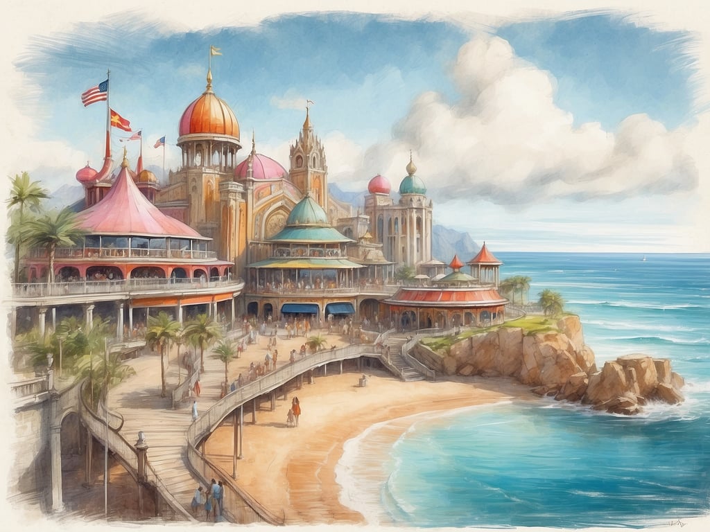 Auf dem Bild ist eine malerische Küstenlandschaft mit einer eindrucksvollen Architektur zu sehen. Die Gebäude sind im orientalischen Stil gestaltet, mit bunten Kuppeln und Türmen, die an exotische Märchen aus 1001 Nacht erinnern. Vor den Gebäuden erstreckt sich ein schöner Sandstrand, der von tropischen Palmen gesäumt ist. Im Hintergrund sieht man das glitzernde Meer und sanfte Wellen, während einige Menschen an der Strandpromenade spazieren. Dieses Bild vermittelt eine Atmosphäre von Urlaub und Abenteuer, ideal für einen Freizeitpark oder eine malerische Touristenattraktion.