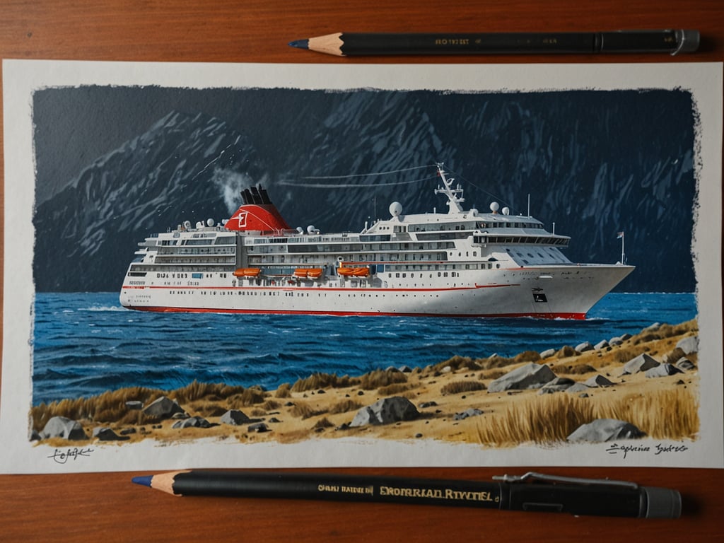 Auf dem Bild ist ein Kreuzfahrtschiff zu sehen, das in einer malerischen Küstenlandschaft schwebt, umgeben von Bergen und Wasser. Das Schiff gehört zu Hurtigruten, einer der umweltfreundlichsten Cruise-Linien der Welt, bekannt für ihre nachhaltigen Praktiken und die Erkundung der norwegischen Fjorde und Arktis. Die HX-Flotte von Hurtigruten legt großen Wert auf Umweltschutz und innovative Technologien, um die Auswirkungen des Schiffsverkehrs auf die Natur zu minimieren.
