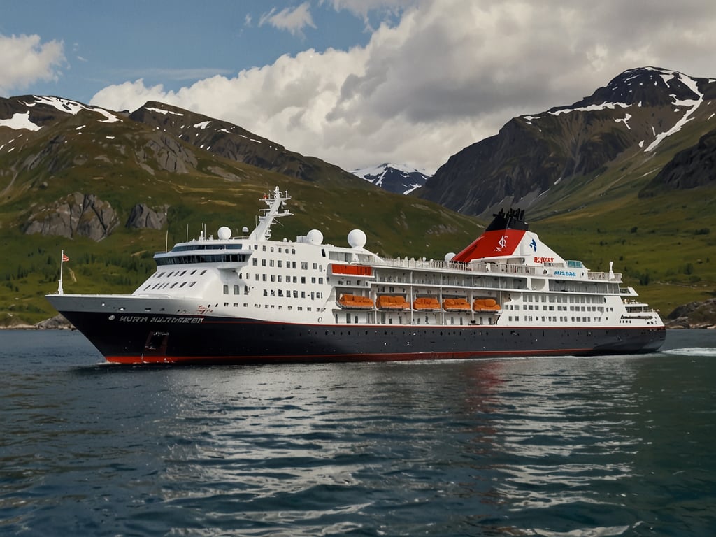 Auf dem Bild ist ein Schiff der Hurtigruten zu sehen, das in einer malerischen Landschaft mit Bergen und Wasser fährt. Hurtigruten hat kürzlich einen neuen Kurs angekündigt, der mit einer Investition von 500 Millionen Euro unterstützt wird. Diese Investition zielt darauf ab, die Flotte zu modernisieren und umweltfreundlichere Technologien einzuführen, um das Reiseerlebnis für Passagiere zu verbessern und nachhaltigere Reisen zu ermöglichen.