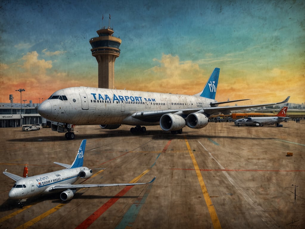 Auf dem Bild ist eine Flughafenlandschaft mit zwei Flugzeugen zu sehen. Das größere Flugzeug scheint ein Airbus zu sein, während das kleinere eher einem Boeing-Jet ähnelt. Im Hintergrund sieht man einen Kontrollturm und verschiedene Terminalgebäude. Es könnte sich um einen Flughafen wie JED (King Abdulaziz International Airport) oder eine ähnliche Einrichtung handeln.