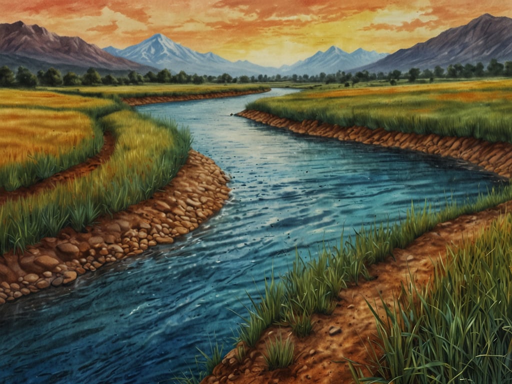 Auf dem Bild ist eine malerische Landschaft mit einem Fluss, umgeben von Wiesen und Bergen im Hintergrund zu sehen. 

Um die Ibera-Sümpfe zu erhalten, sollten folgende Maßnahmen ergriffen werden:

1. **Naturschutzprogramme:** Einrichtung von Schutzgebieten zur Erhaltung der Biodiversität.
2. **Renaturierung:** Wiederherstellung von natürlichen Lebensräumen und Rückführung von landwirtschaftlich genutzten Flächen in ihren ursprünglichen Zustand.
3. **Wassermanagement:** Sicherstellung einer nachhaltigen Wasserbewirtschaftung, um den Wasserstand der Sümpfe zu regulieren.
4. **Öffentlichkeitsarbeit:** Sensibilisierung der Bevölkerung für die Bedeutung der Sümpfe und deren Schutz.
5. **Forschung:** Förderung von Studien zur Flora und Fauna, um den ökologischen Zustand kontinuierlich zu überwachen und zu verbessern. 

Diese Maßnahmen würden zur Erhaltung der einzigartigen Ökosysteme beitragen und ihre langfristige Stabilität sichern.