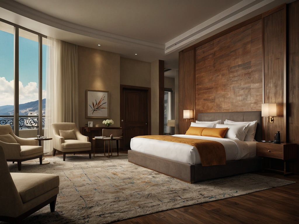Auf dem Bild ist ein elegantes Hotelzimmer zu sehen, das durch eine geschmackvolle Einrichtung sowie große Fenster mit Ausblick auf die Außenwelt besticht. Es gibt ein großes Bett mit dekorativen Kissen, stilvolle Sessel, einen Tisch und einen Teppich, der dem Raum eine warme Atmosphäre verleiht. Die Wände sind in sanften Farbtönen gehalten, und die Verwendung von Holz gibt dem Zimmer eine luxuriöse Note. 

IHG stärkt Luxus-Hotels durch Top-Marken, die solche stilvollen und komfortablen Zimmer bieten, um den Gästen unvergessliche Erfahrungen zu ermöglichen.