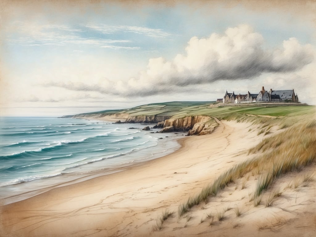 Auf dem Bild ist eine Küstenlandschaft zu sehen, die aus einem Sandstrand, Wellen, Klippen und einem Gebäudeensemble besteht. Der Himmel ist klar mit einigen Wolken. 

Die Nordsee liegt in mehreren Bundesländern Deutschlands, darunter Schleswig-Holstein und Niedersachsen.