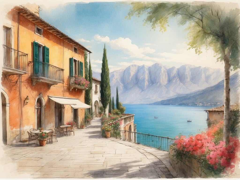Auf dem Bild ist eine malerische Landschaft mit einem klaren See, umgeben von Bergen und charmanten Häusern zu sehen. Es gibt einen gepflasterten Weg und einige Blumen sowie Tische draußen, was auf eine idyllische Atmosphäre hinweist.

Der Gardasee liegt in Italien.