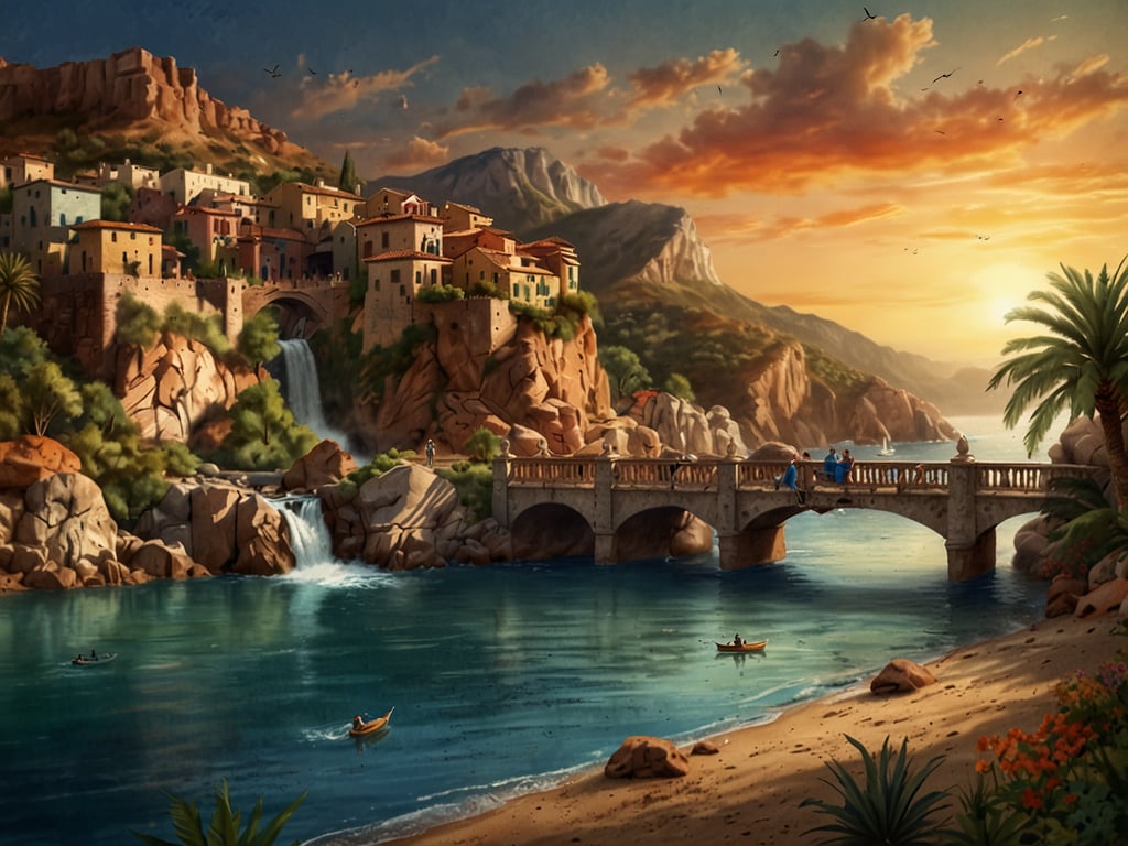 Auf dem Bild ist eine malerische Küstenlandschaft zu sehen, die von sanften Hügeln und einem wunderschönen Sonnenuntergang geprägt ist. Im Vordergrund fließt ein klarer Fluss, während kleine Boote auf dem Wasser schwimmen. An einem Uferbrücken sind Menschen, die die Aussicht genießen. Die Architektur der Gebäude wirkt einladend und typisch für mediterrane Regionen, was einen idealen Ort für einen Individualurlaub darstellt. Die gesamte Szenerie strahlt Ruhe und Naturverbundenheit aus und lädt dazu ein, die Schönheit der Umgebung zu erkunden.