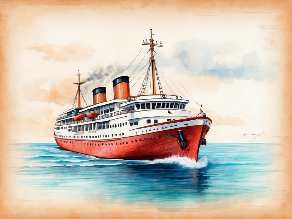 Auf dem Bild ist ein farbenfrohes Gemälde eines Schiffes zu sehen, das auf dem Wasser fährt. Es handelt sich um einen klassischen Dampfer mit zwei markanten Schornsteinen und roten Akzenten. Das Schiff ist umgeben von sanften Wellen und einem hellen Himmel, was eine maritime Atmosphäre schafft. 

In der Kategorie 