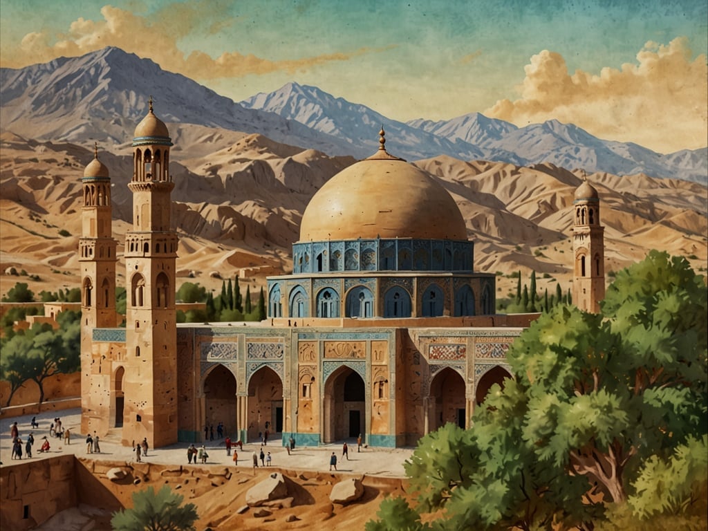 Auf dem Bild ist eine eindrucksvolle Moschee oder ein monumental gestalteter Bau zu sehen, umgeben von einer landschaftlichen Kulisse mit Bergen und Bäumen. Die Architektur weist typische Merkmale islamischer Baukunst auf, mit hohen Minaretten und einer markanten Kuppel, die oft in der iranischen Bauweise verwendet werden. 

Um einen Bezug zur Geschichte des Iran herzustellen: Der Iran, auch bekannt als Persien, hat eine jahrtausendealte Geschichte, die von zahlreichen Kulturen und Zivilisationen geprägt ist. Die islamische Architektur, die sich nach der Eroberung Persiens im 7. Jahrhundert entwickelte, fand ihren Höhepunkt während der Safawiden-Dynastie (1501–1736). Diese Epoche war charakterisiert durch den Bau prächtiger Moscheen und Paläste, die oft mit kunstvollen Fliesenmosaiken und beeindruckenden Kuppeln geschmückt sind. Solche Gebäude spiegeln nicht nur religiöse Überzeugungen wider, sondern auch den künstlerischen und kulturellen Reichtum des Landes.