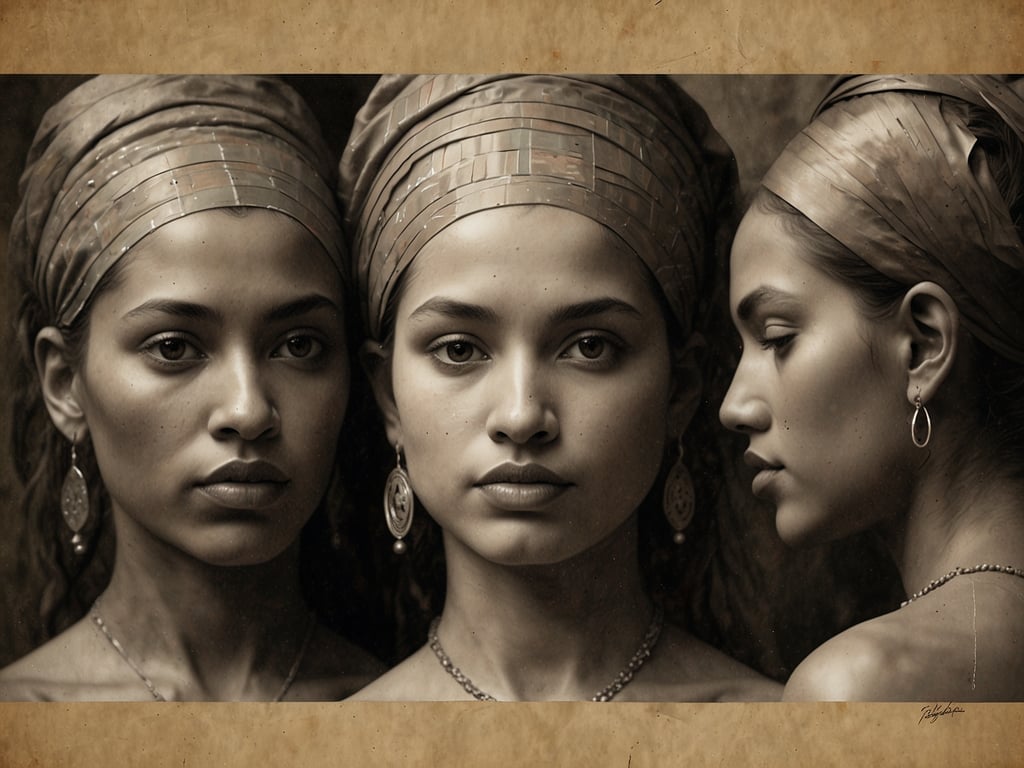 Auf dem Bild sind drei Portraits von Frauen zu sehen, die in einer künstlerischen und monochromen Darstellung abgebildet sind. Die Frauen tragen Kopftücher und Schmuck, was auf kulturelle Aspekte hindeutet, die möglicherweise in Verbindung mit den Traditionen Irans stehen. Die Darstellung könnte die Vielfalt und Schönheit der iranischen Kultur symbolisieren, sowie die Rolle der Frauen in der Gesellschaft. In der heutigen Zeit ist es wichtig, solche Darstellungen zu betrachten, um ein Verständnis für die Kultur, Gesellschaft und die Herausforderungen zu entwickeln, denen Frauen im Iran gegenüberstehen. Die Sichtweise auf Geschlechterrollen und die Bedeutung von Identität sind zentrale Themen in der Diskussion über den Iran und seine kulturelle Landschaft.