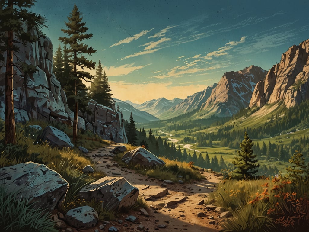 Auf dem Bild ist eine atemberaubende Landschaft zu sehen, die perfekt für Abenteuer im Nationalpark geeignet ist. Die sanften Hügel und majestätischen Berge laden zum Wandern und Erkunden ein. Der Wanderweg führt durch üppige Waldgebiete mit hohen Nadelbäumen und malerischen Felsen, die das Gebiet abwechslungsreich und spannend machen.

Diese Kulisse bietet zahlreiche Aktivitäten für Entdecker, wie beispielsweise:

1. **Wandern**: Die gut markierten Wanderwege sind ideal, um die Natur hautnah zu erleben.
2. **Fotografie**: Die beeindruckenden Landschaften sind ein Paradies für Fotografen.
3. **Naturbeobachtungen**: Mit etwas Glück können Wildtiere und verschiedene Pflanzenarten entdeckt werden.
4. **Picknicks**: Es gibt viele schöne Plätze, um eine Pause einzulegen und die Aussicht zu genießen.

Diese Umgebung ist ein perfekter Ort, um die Schönheit der Natur zu genießen und Abenteuer zu erleben!