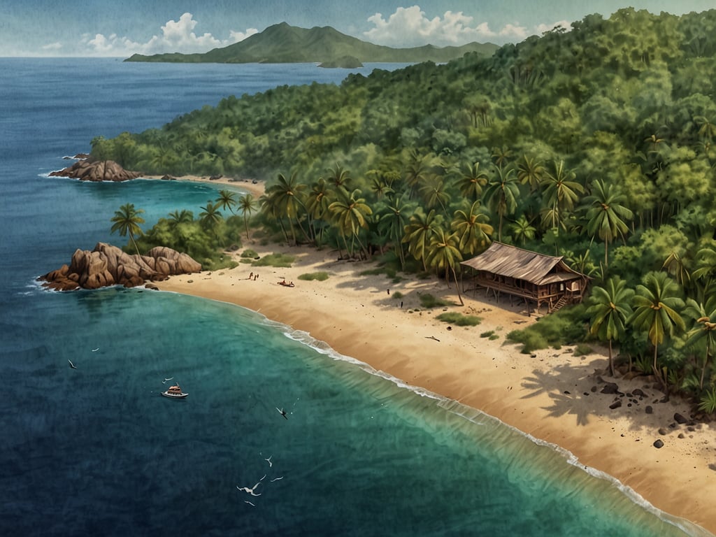 Auf dem Bild ist eine malerische Küstenlandschaft zu sehen, die an Isla Coiba erinnert. Der Strand ist von üppigen Palmen umgeben und das Wasser zeigt verschiedene Schattierungen von Blau und Grün, was auf die Klarheit und Unberührtheit des Ozeans hinweist. Im Hintergrund sind hügelige Landschaften sichtbar, die die tropische Umgebung unterstreichen. Ein einfaches Gebäude steht nahe am Strand, eingefügt in die natürliche Schönheit der Umgebung. Diese Szenerie könnte die ruhige und geheimnisvolle Atmosphäre widerspiegeln, die mit der Geschichte von Isla Coiba verbunden ist – einem Ort, der frühere Gefängnisinsel und heute ein Schutzgebiet für einzigartige Tier- und Pflanzenarten ist.