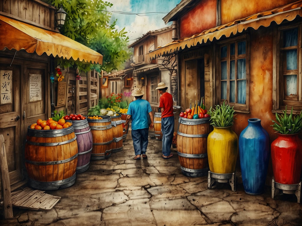 Auf dem Bild ist eine malerische Gasse zu sehen, die mit bunten Fässern und Töpfen geschmückt ist, die eine Vielzahl von frischen Früchten und Pflanzen präsentieren. Zwei Personen, die traditionell gekleidet sind, spazieren durch die Gasse und scheinen die lokale Kultur zu genießen. Die Umgebung ist von alten Holzhäusern und üppigem Grün umgeben, was eine lebendige und einladende Atmosphäre schafft. Diese Szene lädt dazu ein, die regionale Lebensweise und die Vielfalt lokaler Produkte zu entdecken.