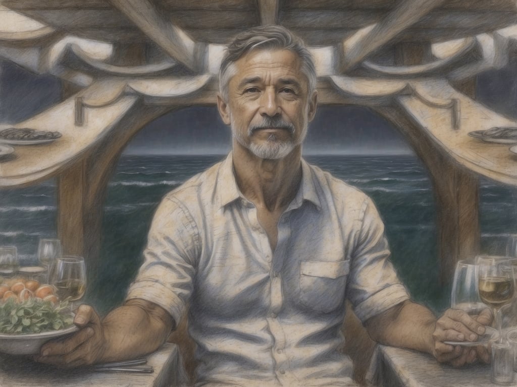 Auf dem Bild sieht man einen Mann, der in einem Restaurant am Strand sitzt. Vor ihm befinden sich kulinarische Highlights: ein Teller mit frischen Salat und Tomaten sowie Gläser mit Wein. Im Hintergrund kann man das Meer und die Wellen sehen, was zur entspannten Strandatmosphäre beiträgt. Es scheint, als ob er ein genussvolles Essen in einer malerischen Umgebung erlebt. Diese Kombination aus leckerem Essen und der wunderschönen Küstenlandschaft sorgt für ein unvergessliches kulinarisches Erlebnis.