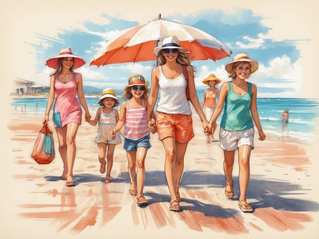 Auf dem Bild sind mehrere Frauen und Mädchen zu sehen, die am Strand spazieren gehen. Sie tragen Sonnenhüte und Badekleidung und haben einen Sonnenschirm sowie Taschen dabei. 

Ist Grömitz ein guter Ort für Familien? Ja, Grömitz ist bekannt für seine familienfreundliche Atmosphäre, den schönen Strand und zahlreiche Aktivitäten für Kinder, wie Spielplätze und Wassersportmöglichkeiten.