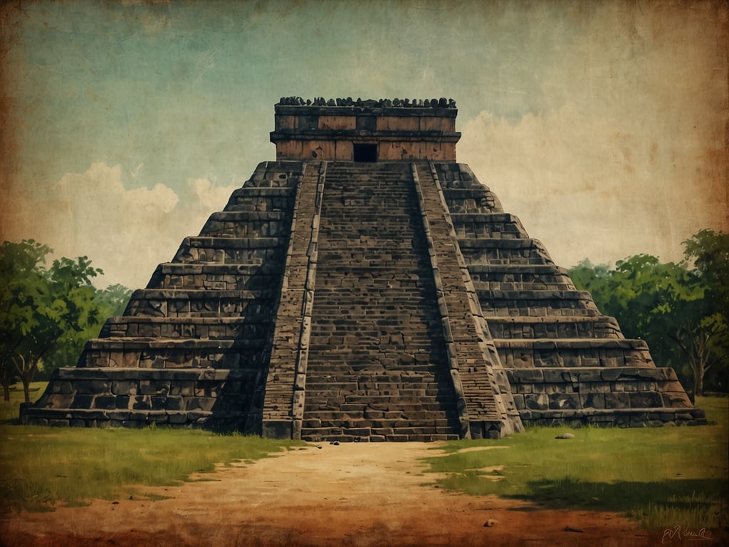 Auf dem Bild ist eine nachgebildete Maya-Pyramide zu sehen, wie sie in Iximché, einer archäologischen Stätte in Guatemala, vorkommen könnte. Während der Kolonialzeit spielte Iximché eine wichtige Rolle als eine der letzten Bastionen der Maya-Kultur. 

Die Stadt war das Hauptquartier der Kaqchikel und diente als Widerstandszentrum gegen die spanische Kolonialisierung. Iximché war nicht nur ein politisches, sondern auch ein religiöses Zentrum, wo religiöse Zeremonien und Rituale stattfanden, die den Widerstand gegen die europäischen Kolonisatoren symbolisierten. 

Nach der Eroberung durch die Spanier wurde Iximché jedoch aufgegeben, und viele ihrer kulturellen Traditionen und Bräuche gerieten in Vergessenheit. Die Stätte ist heute ein wichtiger Ort für die Erforschung und den Erhalt der Maya-Kultur.