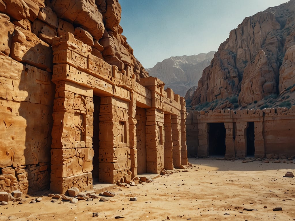 Auf dem Bild sind beeindruckende, uralte Architektur und Felsen zu sehen, die an die faszinierenden Naturwunder des Jemen erinnern. Der Jemen ist bekannt für seine spektakulären Landschaften und archäologischen Stätten wie die alten Städte von Shibam und Sana'a oder die beeindruckenden Felsformationen und Wüstenlandschaften, die eine einzigartige Verbindung zwischen Natur und menschlicher Geschichte darstellen. Diese Elemente sind Teil des kulturellen Erbes und der natürlichen Schönheit des Landes.