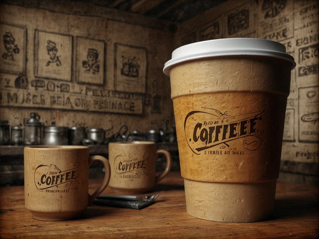 Auf dem Bild sind Kaffeebecher und Tassen zu sehen, die im rustikalen Stil gestaltet sind. Die Tassen und der große Becher tragen Etiketten mit dem Schriftzug 