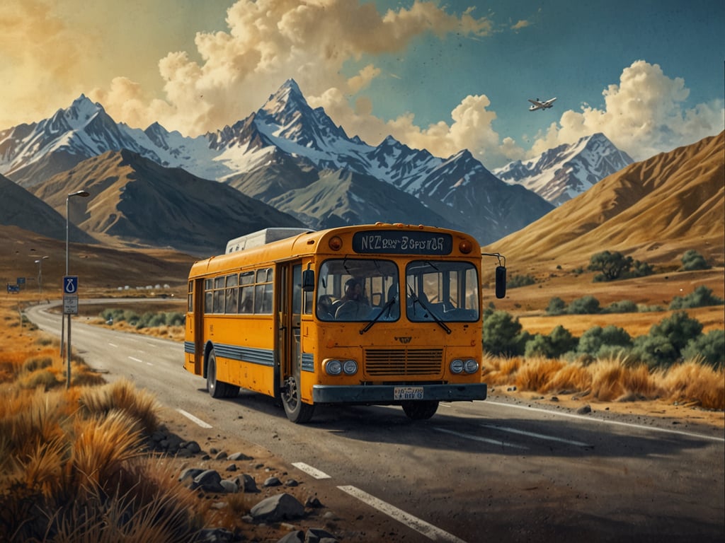 Auf dem Bild ist ein gelber Bus zu sehen, der auf einer Straße in einer bergigen Landschaft fährt. Die beeindruckenden Berge im Hintergrund vermitteln ein Gefühl von Abenteuer und Freiheit. 

**Anreise:** Der beste Weg, diesen Ort zu erreichen, könnte mit dem Auto oder Bus direkt über die malerischen Straßen sein, die durch diese beeindruckende Landschaft führen. 

**Beste Reisezeit:** Die ideale Reisezeit wäre wahrscheinlich im Frühling oder Herbst, wenn das Wetter mild ist und die Landschaft besonders schön ist. Im Sommer könnte es warmer und in den Bergen trockener sein, während der Winter die Region schwerer zugänglich macht.