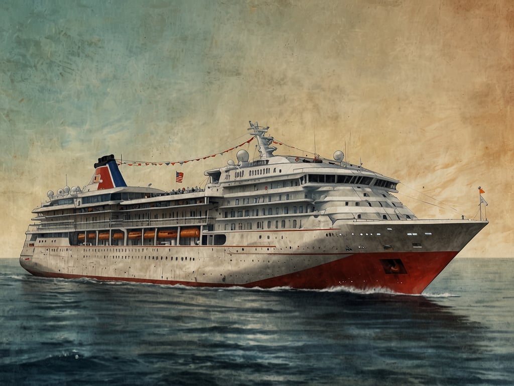 Auf dem Bild ist ein Kreuzfahrtschiff zu sehen, das auf seiner Jungfernfahrt in ruhigem Wasser fährt. Das Schiff hat eine markante Farbgebung mit einem roten Rumpf und einem weißen Oberbau, sowie einer charakteristischen Schornsteinmarkierung. Es sind auch einige Flaggen und Dekorationen zu erkennen, die typisch für festliche Anlässe wie eine Jungfernfahrt sind.