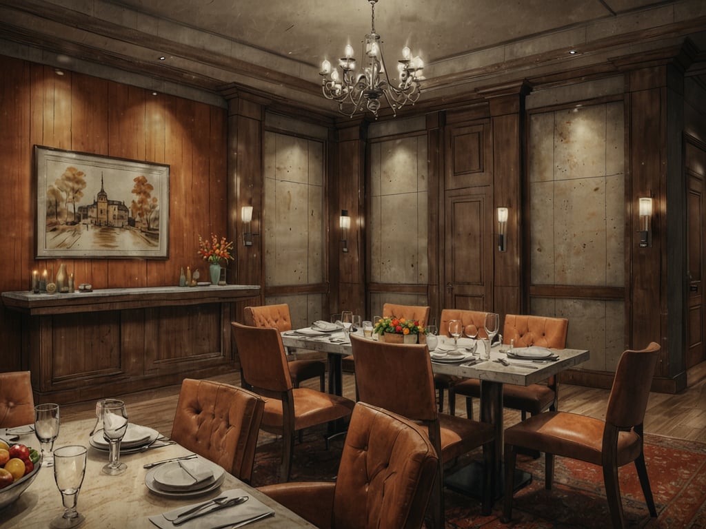 Auf dem Bild ist ein eleganter Raum zu sehen, der wahrscheinlich für Kabinenservice oder private Versammlungen genutzt wird. Der Raum ist mit einem großen Tisch und mehreren Stühlen ausgestattet. Die Tische sind gedeckt und bereit für Gäste, mit Gläsern und Besteck auf der Tischoberfläche. An den Wänden sind dekorative Elemente wie Gemälde und Beleuchtung vorhanden, die eine gemütliche Atmosphäre schaffen. Der Stil wirkt rustikal und gemütlich, ideal für ein Ambiente, in dem man eine feine Mahlzeit im Rahmen eines Kabinenservices genießen kann.