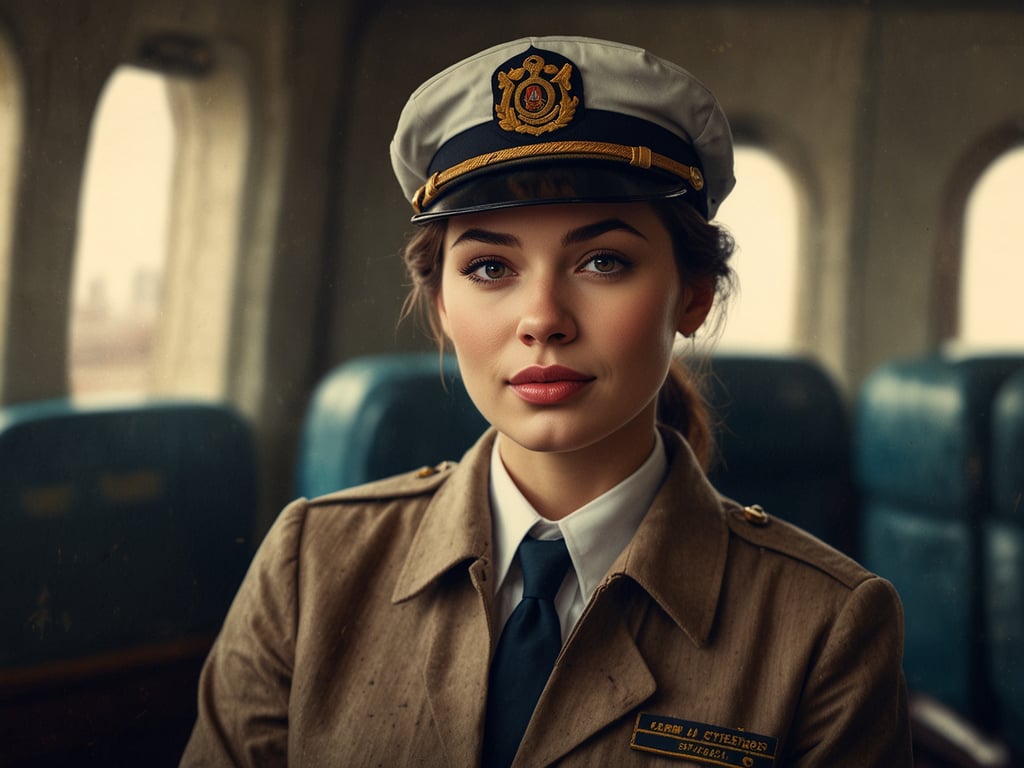 Auf dem Bild ist eine Kabinensteward zu sehen, die eine uniforme Kleidung sowie eine Mütze trägt. Sie sitzt in einem Flugzeug und schaut freundlich in die Kamera. Die Umgebung zeigt die Sitze des Flugzeugs.