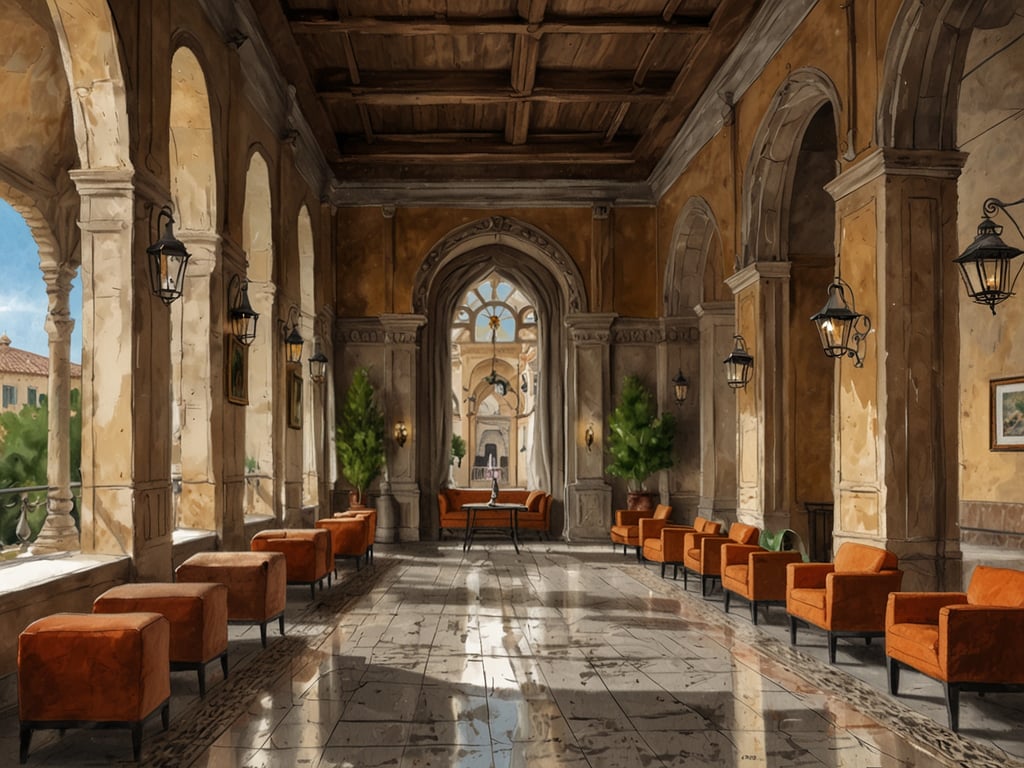 Auf dem Bild ist eine elegante Hotellobby zu sehen, die mit kunstvollen Säulen und Bögen sowie großen Fenstern gestaltet ist. Die Einrichtung besteht aus bequemen orangenen Sesseln, die entlang des Raums angeordnet sind. Die Wände sind in warmen Tönen gehalten, und es gibt dekorative Elemente wie Lampen und kleine Pflanzen.

Kaizen Hoteles: Weltweit Führende Unabhängige Hotelgruppe 2024, könnte in solch einem stilvollen Ambiente eine hervorragende Erfahrung für Gäste bieten, indem sie Komfort und ästhetische Gestaltung vereinen.