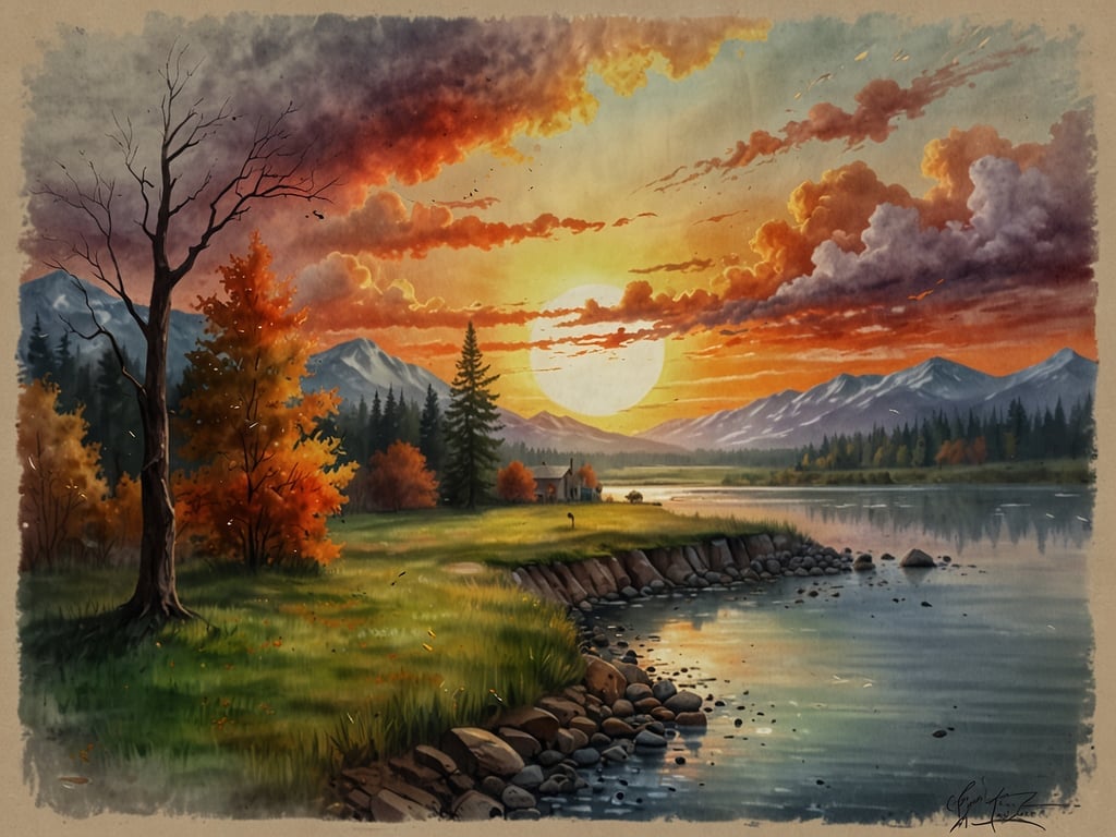 Auf dem Bild ist eine malerische Landschaft zu sehen, die von einem Sonnenuntergang erleuchtet wird. Die Farben des Himmels sind warm und lebhaft, während die Bäume und Berge im Hintergrund eine ruhige Atmosphäre schaffen. Der Fluss spiegelt die Farben des Himmels wider, was ein harmonisches Bild ergibt.

Die besten Zeiten für einen Besuch in solch einer idyllischen Landschaft sind während des Herbstes, wenn die Blätter in prächtigen Farben leuchten, und zur Abenddämmerung, wenn der Sonnenuntergang die Szene in goldenes Licht taucht.